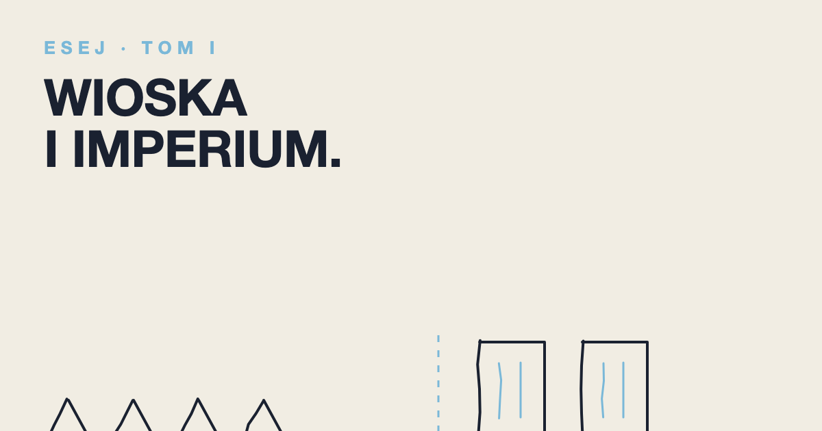 Grafika: wieś (domy) po lewej, imperium (wieżowce) po prawej — granatowy line-art na kremie
